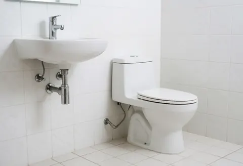 Salle de bain moderne et propre avec des sanitaires blancs, un lavabo et un robinet chromé sur des murs et un sol en céramique blanche.