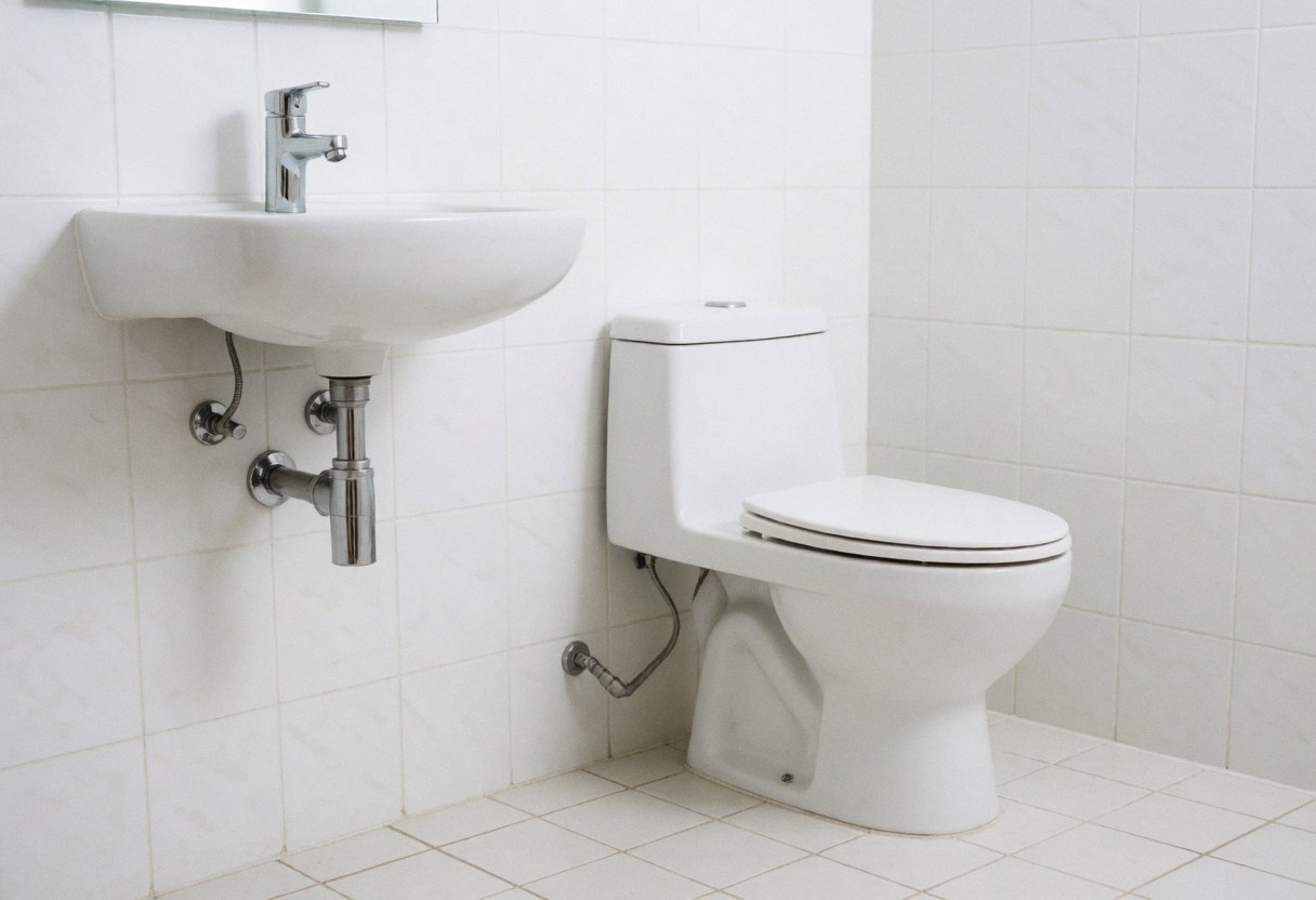 Salle de bain moderne et propre avec des sanitaires blancs, un lavabo et un robinet chromé sur des murs et un sol en céramique blanche.