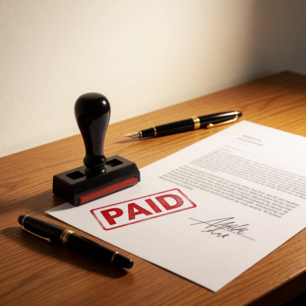 Document signé avec cachet rouge payé sur table en bois, plume noire, lumière chaude et ombres douces.