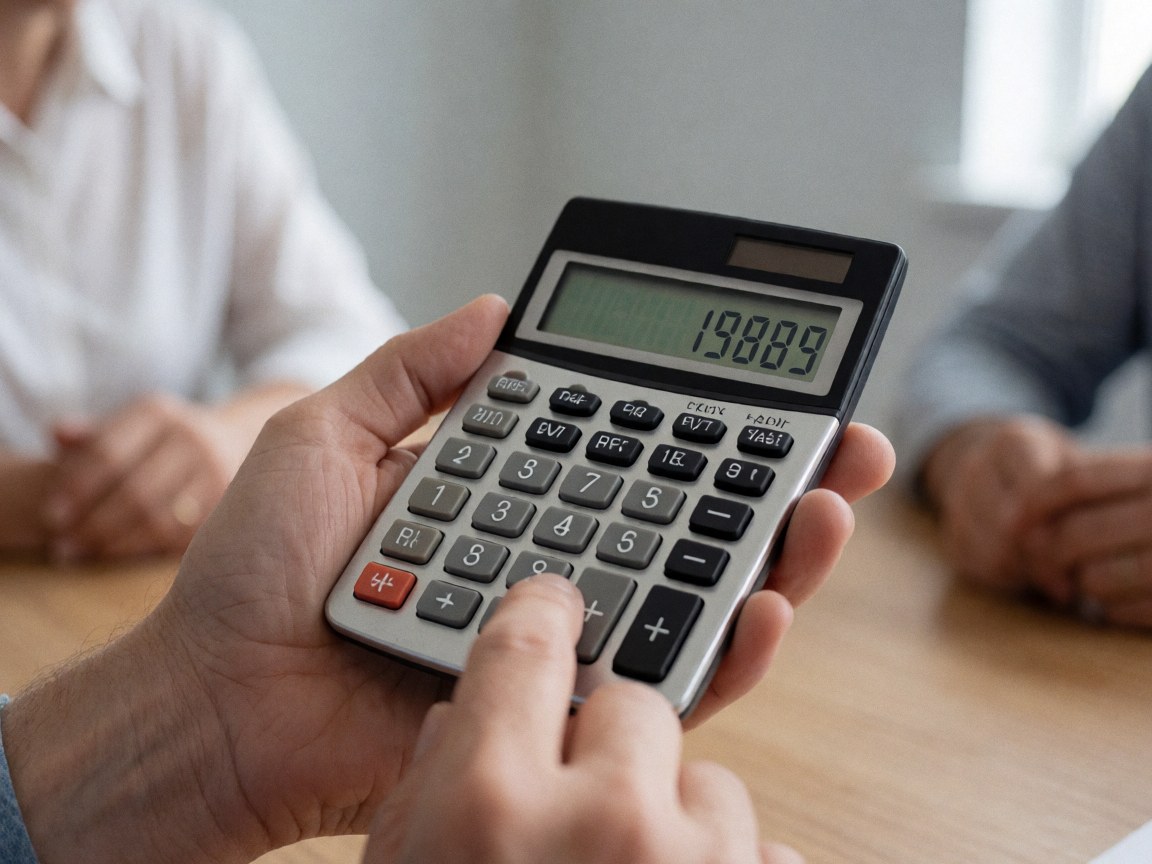 Une main effectue un calcul fiscal précis sur une calculatrice posée sur un bureau en bois dans un environnement de bureau professionnel.