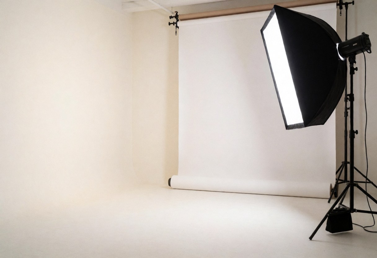 Intérieur d'un studio de photographie vide, éclairé par une lumière diffuse sur un fond blanc, idéal pour la prise de vue de produits commerciaux.