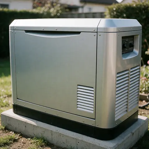 Générateur électrique en acier inoxydable sur base en béton, avec ventilation et panneau de contrôle, dans un jardin résidentiel à fond flou et lumière naturelle.