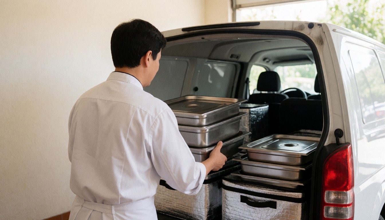 Camionnette de service de traiteur chargée de plateaux métalliques pour la logistique alimentaire professionnelle.