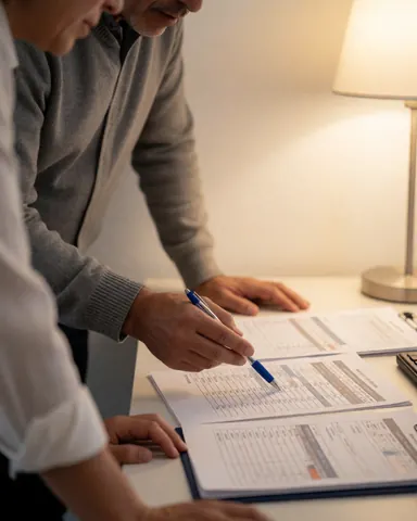 Deux professionnels analysent des documents comptables sur un bureau avec une lampe, l'un pointant une colonne, dans un environnement de travail chaleureux et professionnel.