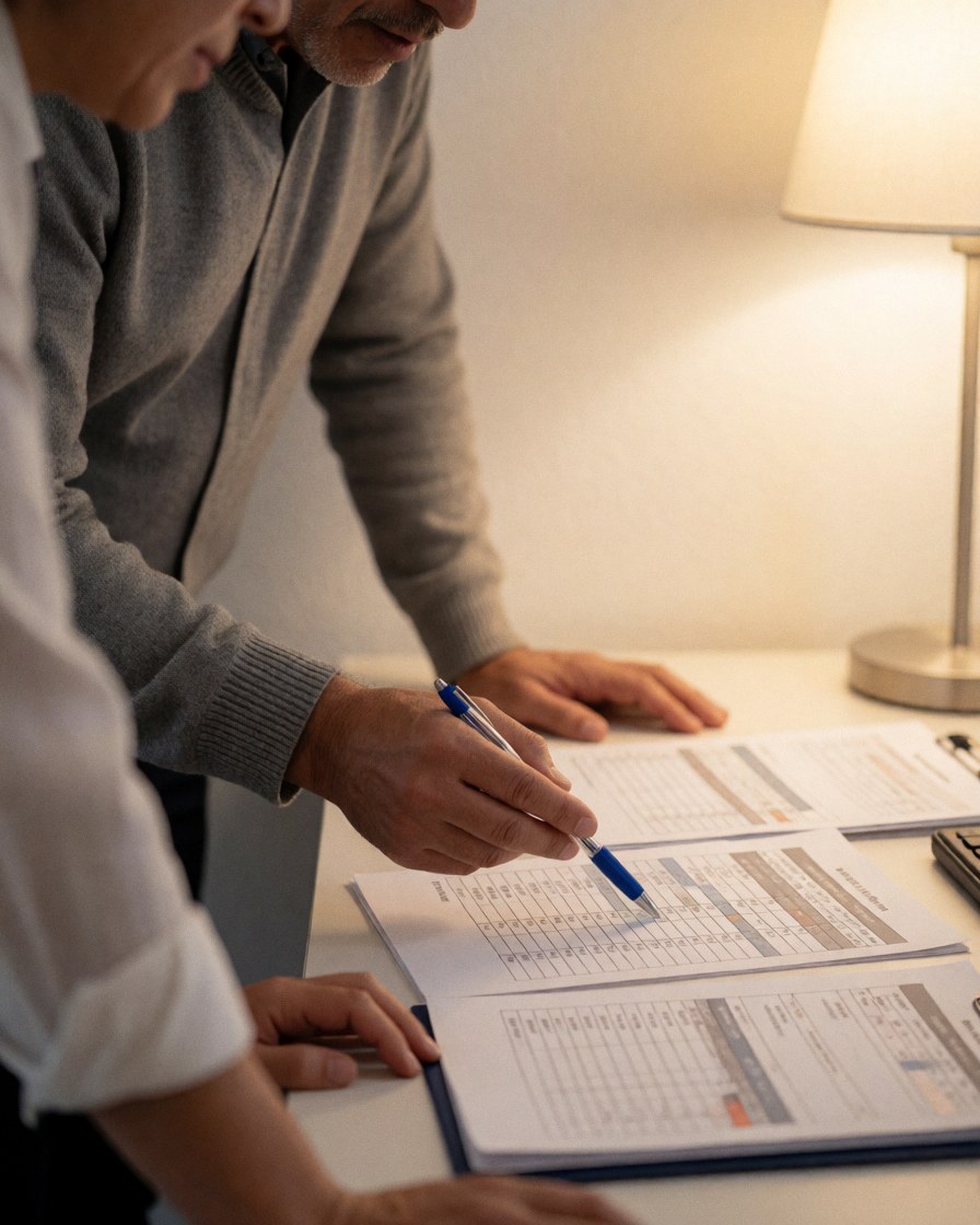Deux professionnels analysent des documents comptables sur un bureau avec une lampe, l'un pointant une colonne, dans un environnement de travail chaleureux et professionnel.