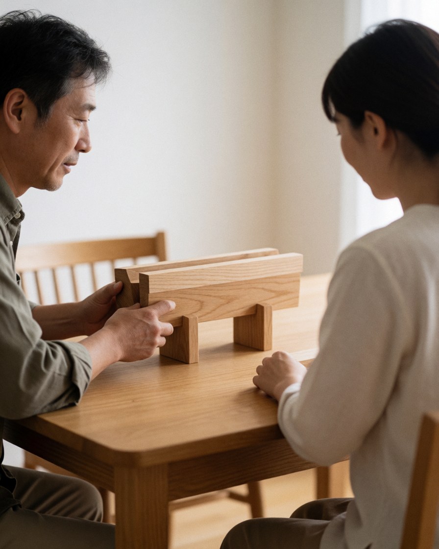 Un couple examine un centre de table en bois clair sur une table à manger. La scène est chaleureuse et naturelle, baignée d'une lumière douce, mettant en valeur le grain du bois.