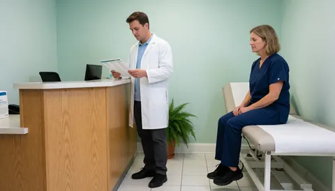 Médecin en blouse blanche vérifiant un document près de la réception. Patient assise sur un lit d'examen. Murs verts, sol blanc, plante en pot. Scène clinique propre et professionnelle.