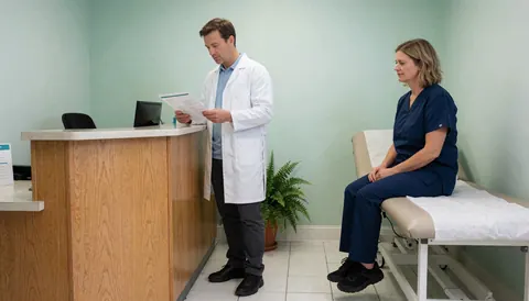 Médecin en blouse blanche vérifiant un document près de la réception. Patient assise sur un lit d'examen. Murs verts, sol blanc, plante en pot. Scène clinique propre et professionnelle.