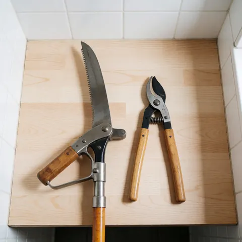 Un ébrancheur et des sécateurs de jardin posés sur une table en bois clair devant un mur de carreaux blancs sous une lumière vive.