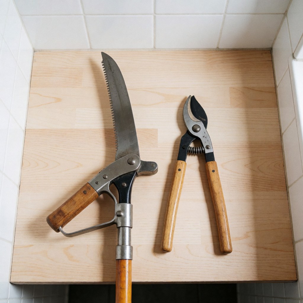 Un ébrancheur et des sécateurs de jardin posés sur une table en bois clair devant un mur de carreaux blancs sous une lumière vive.