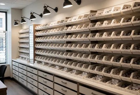 Mur de lunettes organisées sur des étagères dans une optique, éclairage professionnel et étagères propres, idéal pour montrer la variété des produits.