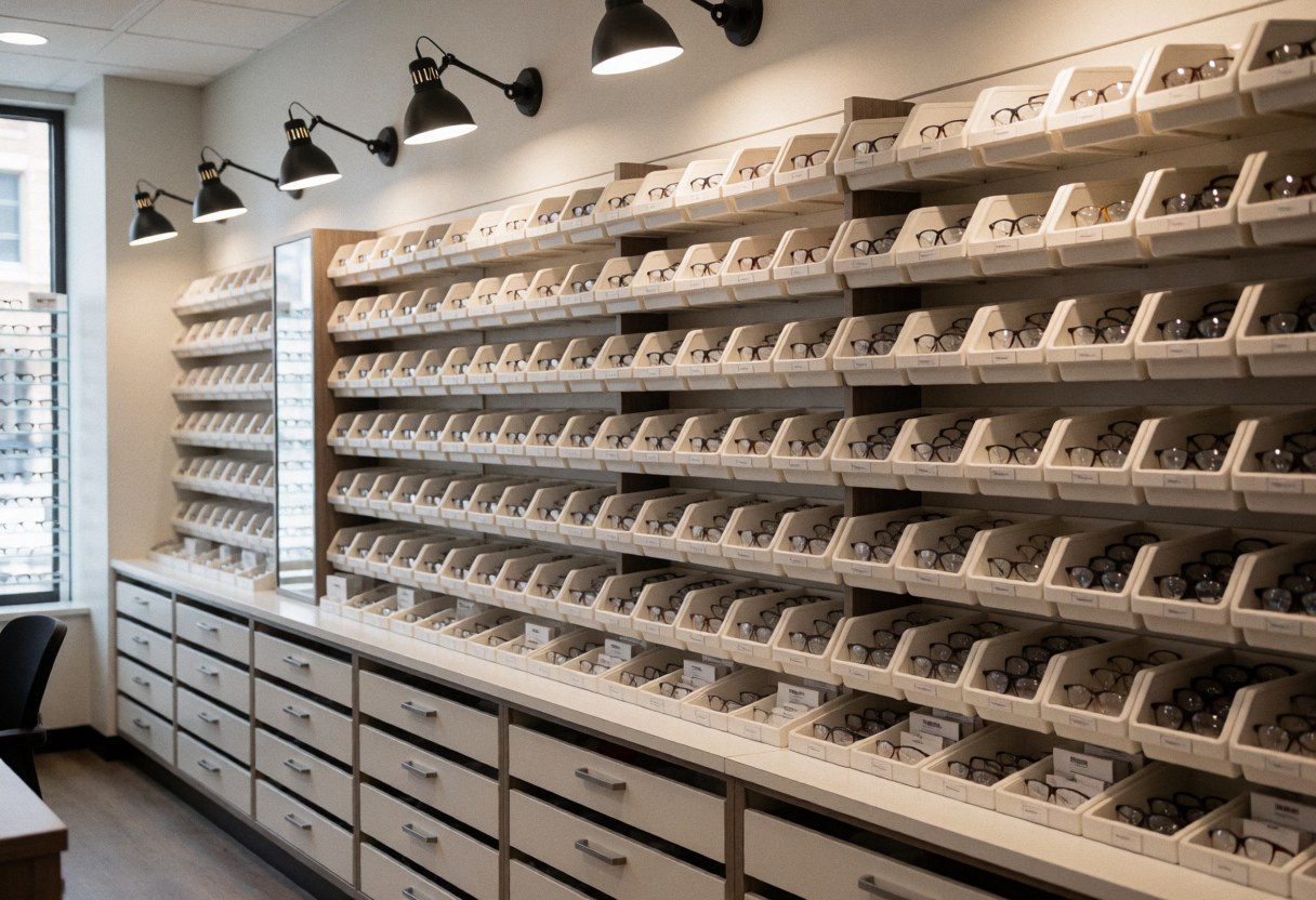Mur de lunettes organisées sur des étagères dans une optique, éclairage professionnel et étagères propres, idéal pour montrer la variété des produits.