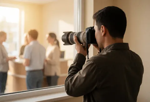 Un photographe utilise un appareil photo avec un téléobjectif dans un studio pour capturer des moments lors d'une réunion en intérieur.