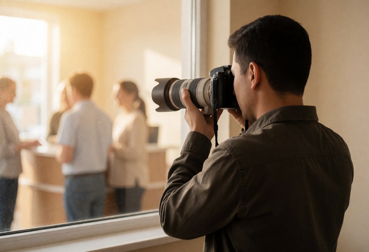 Un photographe utilise un appareil photo avec un téléobjectif dans un studio pour capturer des moments lors d'une réunion en intérieur.