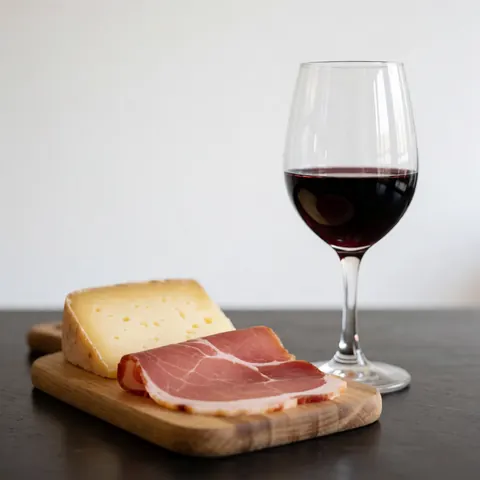 Une planche en bois présentant du jambon, du fromage et un verre de vin rouge, idéale pour les bars et restaurants proposant des tapas et cocktails.