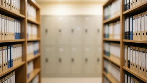 Étagères en bois et armoires métalliques contenant des dossiers et des documents, servant de fond neutre pour des textes ou des présentations professionnelles.