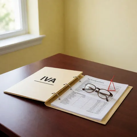 Un dossier fiscal ouvert posé sur une table en bois, accompagné de lunettes et d'un triangle rouge dans un bureau aux murs clairs.