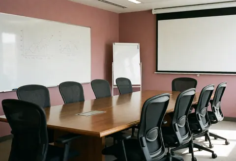 Salle de réunion professionnelle avec table en bois, chaises noires, tableau blanc avec graphiques et écran projeté. Murs rose poudré.