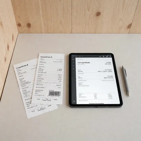 Tablette affichant une facture numérique à côté d'un reçu papier, un stylo et des documents comptables disposés sur un bureau en bois clair bien éclairé.