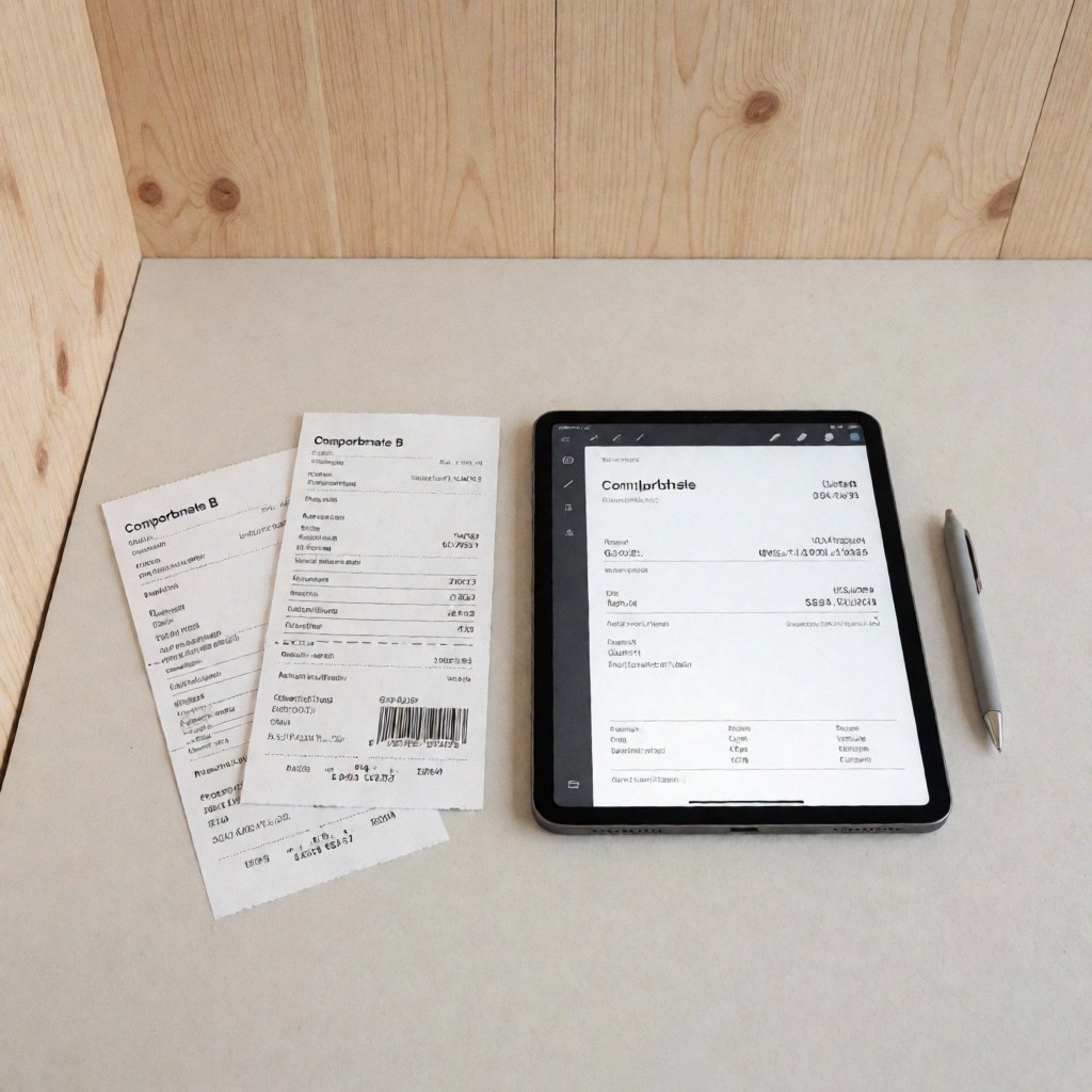 Tablette affichant une facture numérique à côté d'un reçu papier, un stylo et des documents comptables disposés sur un bureau en bois clair bien éclairé.