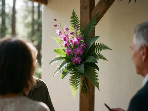 Orchidées violettes et fougères disposées sur un poteau en bois dans un cadre naturel verdoyant avec des gouttelettes de rosée.