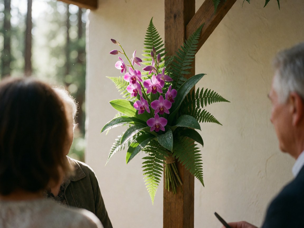 Orchidées violettes et fougères disposées sur un poteau en bois dans un cadre naturel verdoyant avec des gouttelettes de rosée.
