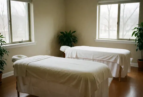 Salle de massage avec deux lits couverts de draps blancs, plantes vertes et fenêtres laissant entrer la lumière naturelle pour une ambiance calme.