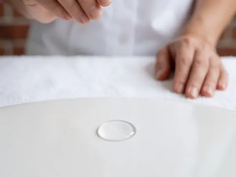 Goutte de sérum translucide posée sur une surface en céramique blanche à motifs géométriques.