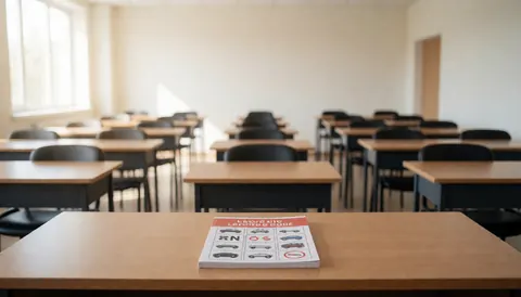 Vue d'une salle de cours de conduite vide, avec des tables et des chaises alignées, des livres et des documents sur le trafic, dans un contexte d'apprentissage et de formation routière.