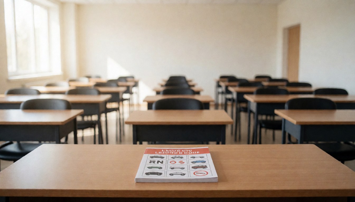 Vue d'une salle de cours de conduite vide, avec des tables et des chaises alignées, des livres et des documents sur le trafic, dans un contexte d'apprentissage et de formation routière.