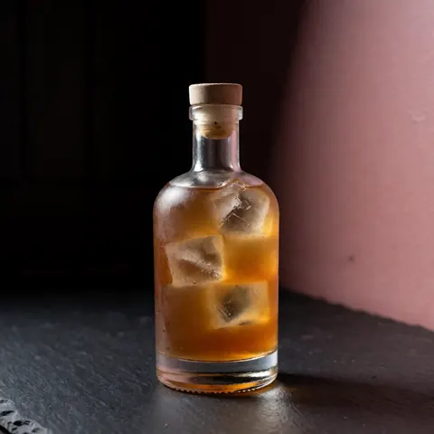 Un cocktail prêt à servir présenté sur une surface sombre avec une bouteille en verre, un bouchon de liège, de la glace et des reflets lumineux sur un fond flou.