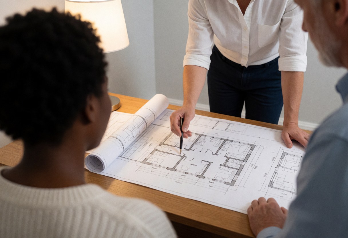 Un agent immobilier examine des plans de construction avec un client lors d'une réunion professionnelle dans un bureau.