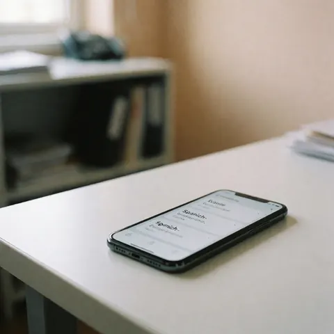 Smartphone affichant une application de vocabulaire pour l'apprentissage des langues sur un bureau avec livres et papier.