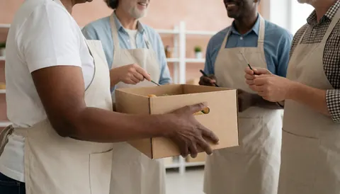 Des volontaires en tabliers préparent des colis alimentaires dans un centre communautaire avec étagères en arrière-plan.