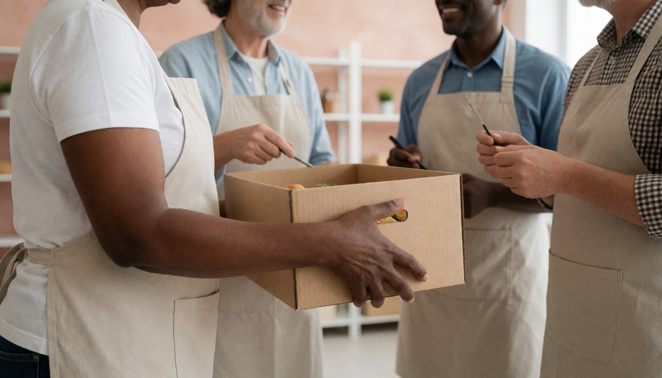 Des volontaires en tabliers préparent des colis alimentaires dans un centre communautaire avec étagères en arrière-plan.