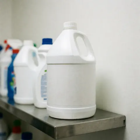 Une bouteille blanche de produit nettoyant posée sur une étagère en métal blanc, vue de face avec un fond flou.
