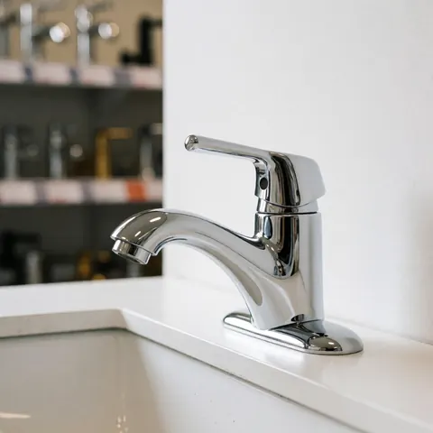 Gros plan d'un robinet moderne en chrome poli avec des reflets lumineux sur un fond blanc et flou, mettant en valeur le design et la finition métallique.