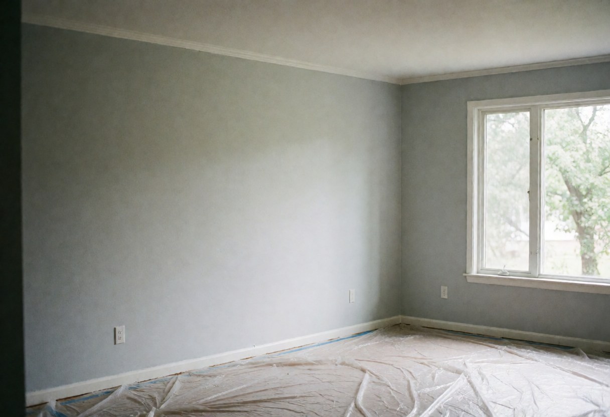 Intérieur d'une pièce rénovée avec murs gris, sol protégé par du plastique et lumière naturelle entrant par une fenêtre.