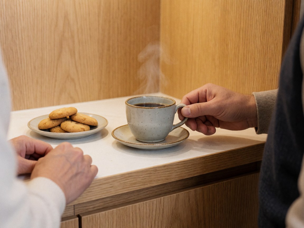 Une main tient une tasse de café fumante à côté d'une assiette de biscuits sur un comptoir blanc avec des murs en bois clair.