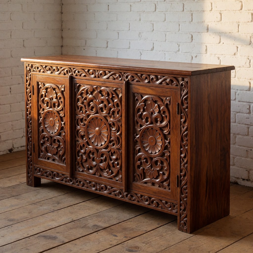Un meuble décoratif en bois de teck foncé, finement sculpté avec des motifs floraux, posé sur un sol en bois dans un intérieur lumineux.
