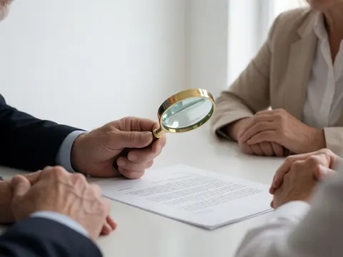 Vue rapprochée d'un document contractuel posé sur un bureau avec une loupe pour examiner les détails.