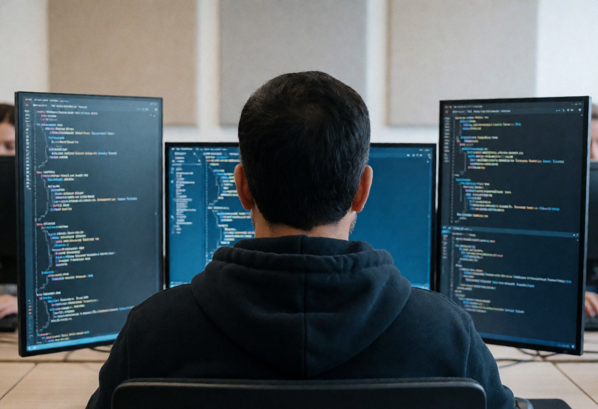 Un développeur de logiciel concentré sur son code, assis devant trois moniteurs dans un bureau moderne avec des panneaux acoustiques.