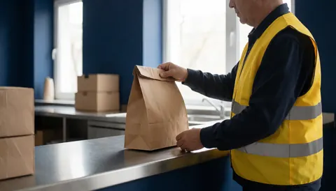 Un livreur portant un gilet de sécurité jaune saisit un emballage sur un comptoir en acier inoxydable dans une cuisine professionnelle aux murs bleus.