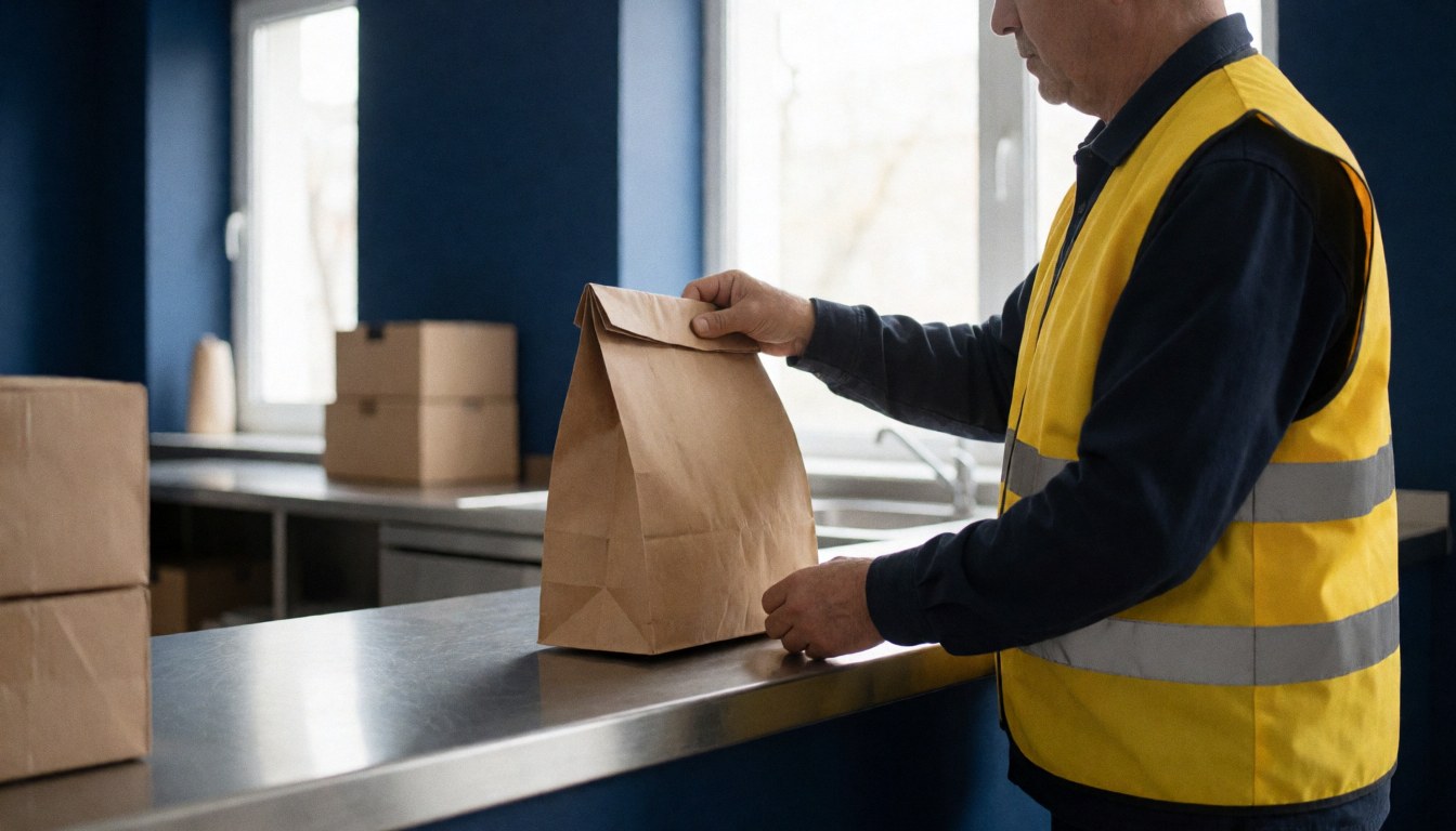 Un livreur portant un gilet de sécurité jaune saisit un emballage sur un comptoir en acier inoxydable dans une cuisine professionnelle aux murs bleus.