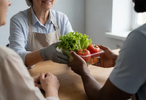 Deux personnes échangent un récipient rempli de laitue et de tomates sur une table en bois, baigné de lumière naturelle dans un cadre communautaire solidaire.