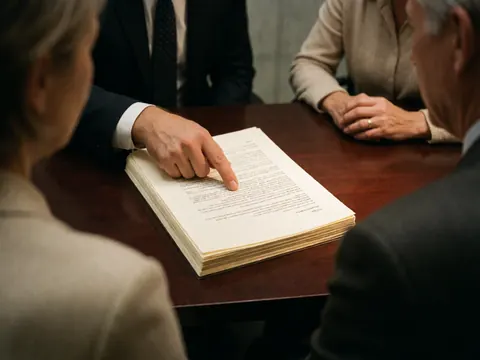 Un conseiller financier pointe du doigt un document légal sur une table en bois lors d'une réunion avec des clients.