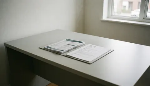 Un bureau d'office moderne avec un classeur ouvert contenant des documents de recrutement, éclairé par la lumière naturelle d'une fenêtre, dans un environnement professionnel et minimaliste.