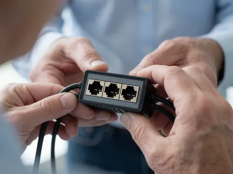 Gros plan sur des mains d'un technicien travaillant avec un injecteur PoE, montrant les contacts métalliques et les câbles pour réseaux sécurisés.