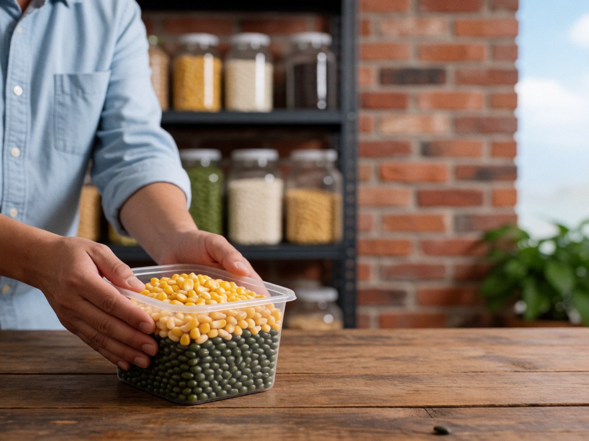 Des mains tiennent un contenant rempli de maïs jaune et de pois verts sur une table en bois, avec des étagères de grains en arrière-plan flou.