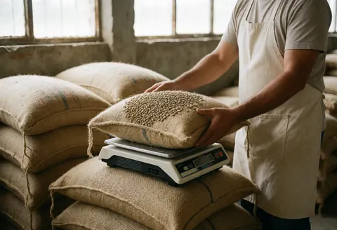 Un ouvrier pèse un sac de café vert avec une balance numérique dans un entrepôt lumineux aux fenêtres, entouré de sacs empilés dans un environnement industriel propre.